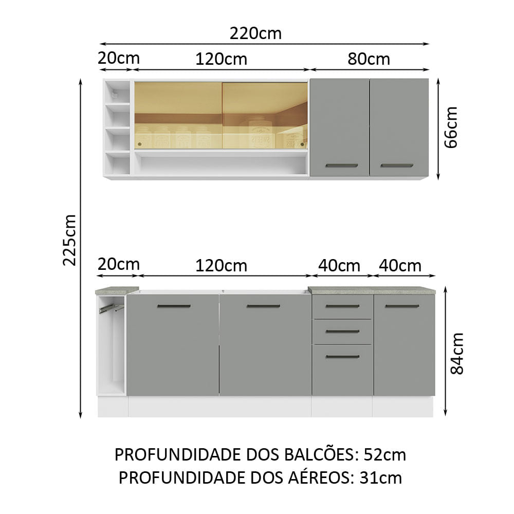 Armário de Cozinha Completa 220cm Branco/Cinza Agata da Thêmis Madesa