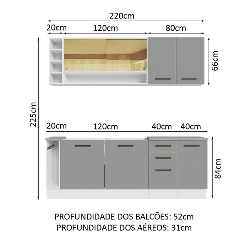 Armário de Cozinha Completa 220cm Branco/Cinza Agata da Thêmis Madesa