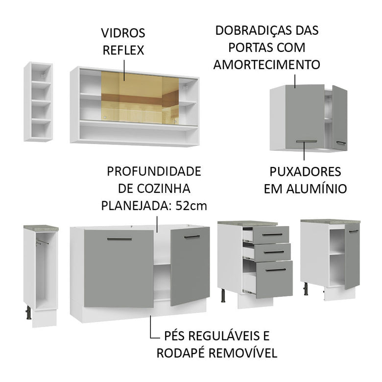 Armário de Cozinha Completa 220cm Branco/Cinza Agata da Thêmis Madesa