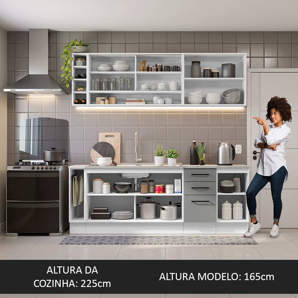 Armário de Cozinha Completa 220cm Branco/Cinza Agata da Thêmis Madesa