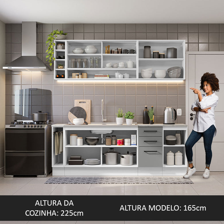 Armário de Cozinha Completa 220cm Branco/Cinza Agata da Thêmis Madesa
