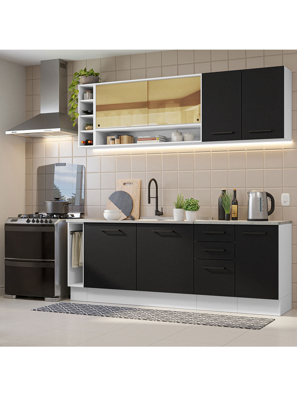 Armário de Cozinha Completa 220cm Branco/Preto Agata da Thêmis Madesa - Branco/Preto