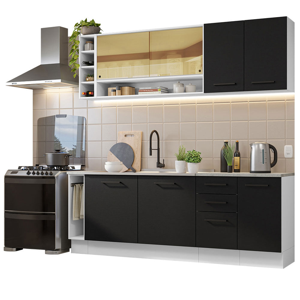 Armário de Cozinha Completa 220cm Branco/Preto Agata da Thêmis Madesa - Branco/Preto