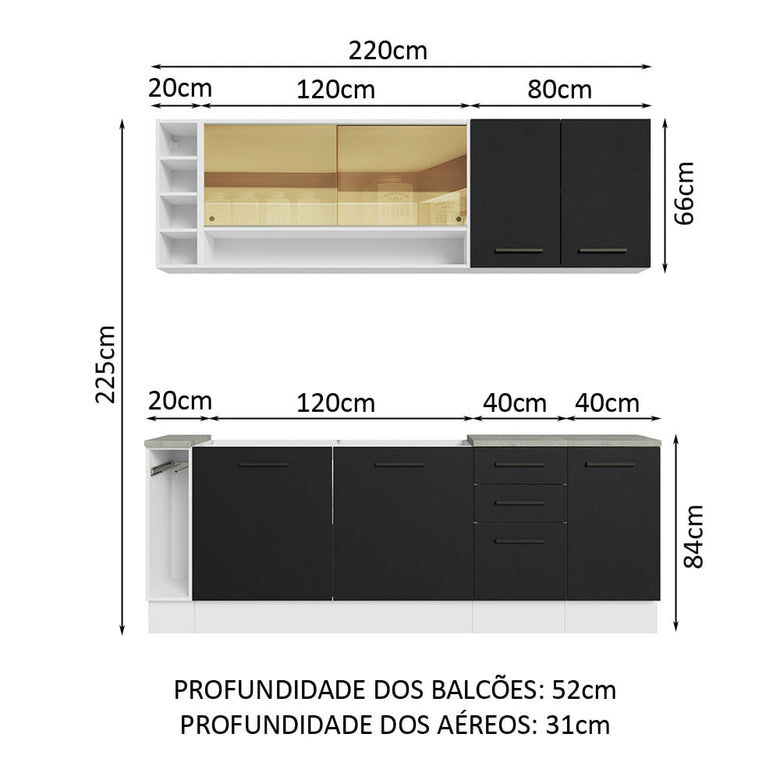 Armário de Cozinha Completa 220cm Branco/Preto Agata da Thêmis Madesa