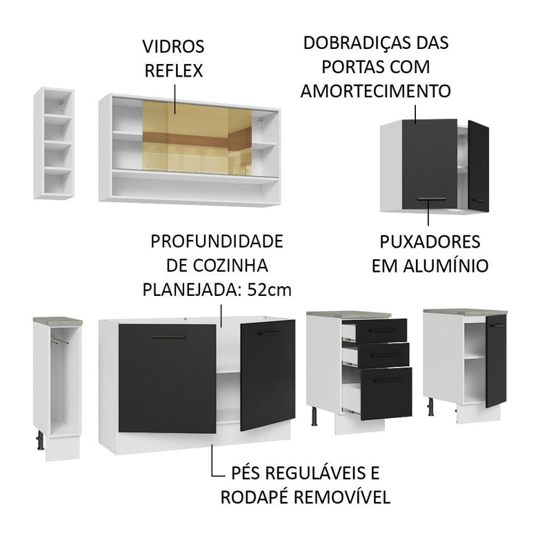 Armário de Cozinha Completa 220cm Branco/Preto Agata da Thêmis Madesa