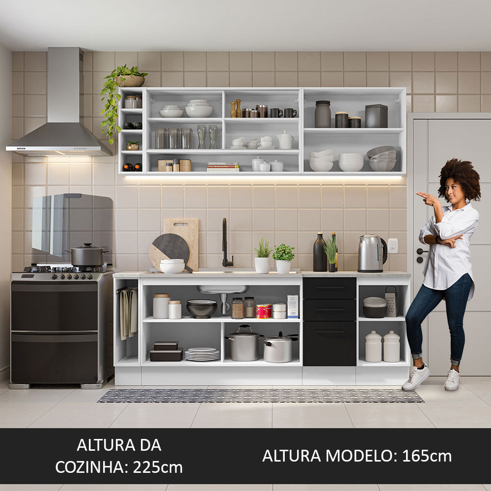Armário de Cozinha Completa 220cm Branco/Preto Agata da Thêmis Madesa