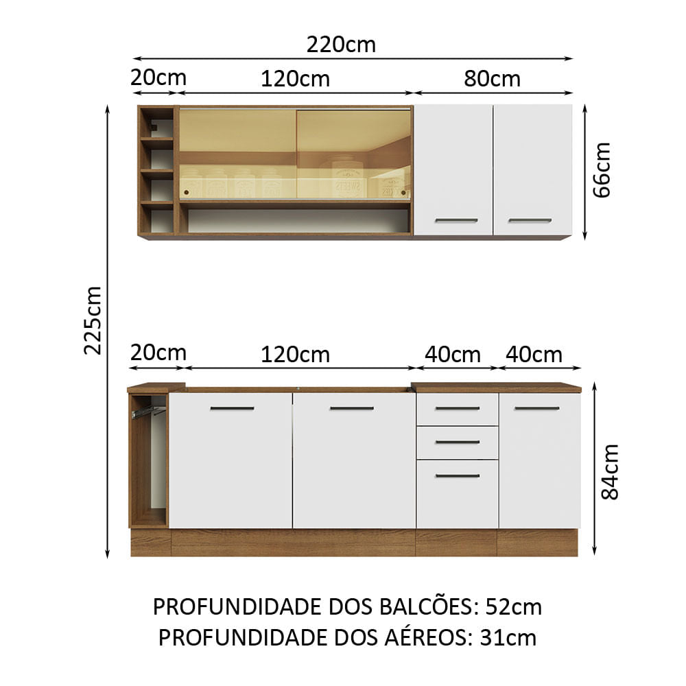 Armário de Cozinha Completa 220cm Rustic/Branco Agata da Thêmis Madesa