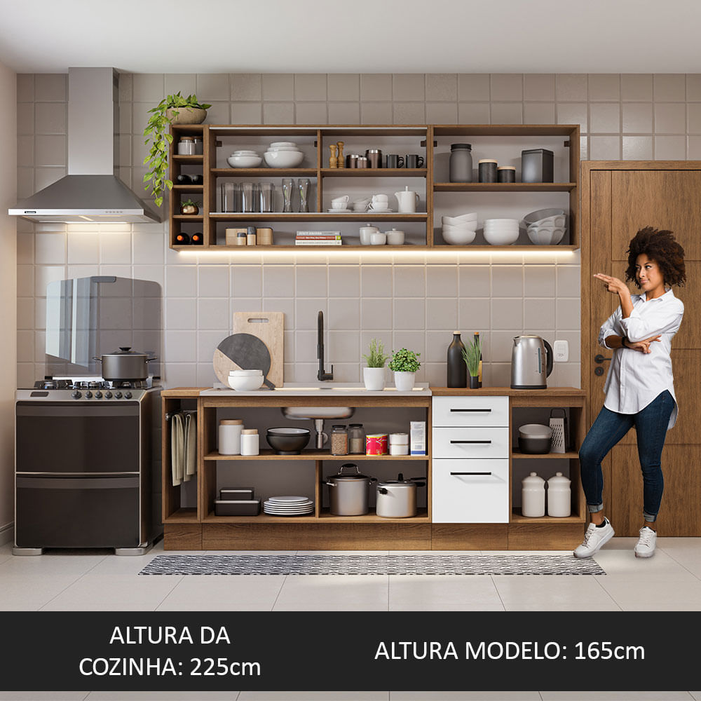 Armário de Cozinha Completa 220cm Rustic/Branco Agata da Thêmis Madesa