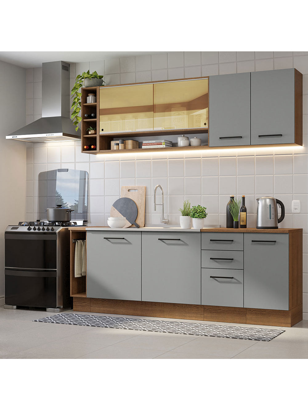 Armário de Cozinha Completa 220cm Rustic/Cinza Agata da Thêmis Madesa - Rustic/Cinza