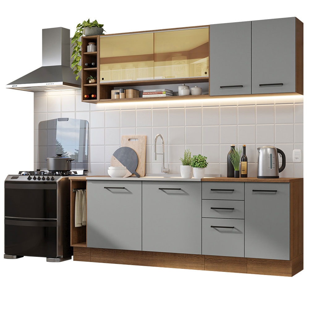 Armário de Cozinha Completa 220cm Rustic/Cinza Agata da Thêmis Madesa - Rustic/Cinza
