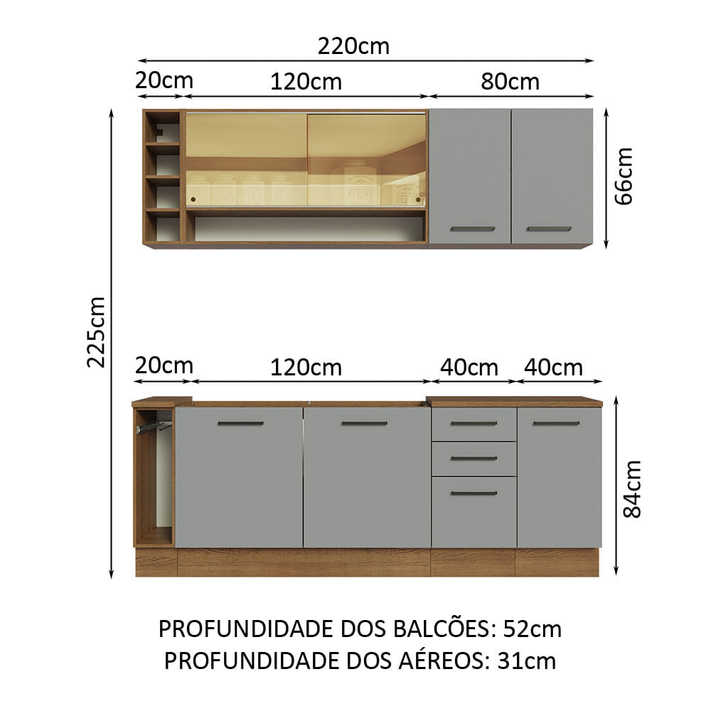Armário de Cozinha Completa 220cm Rustic/Cinza Agata da Thêmis Madesa