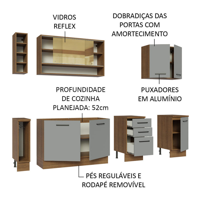 Armário de Cozinha Completa 220cm Rustic/Cinza Agata da Thêmis Madesa