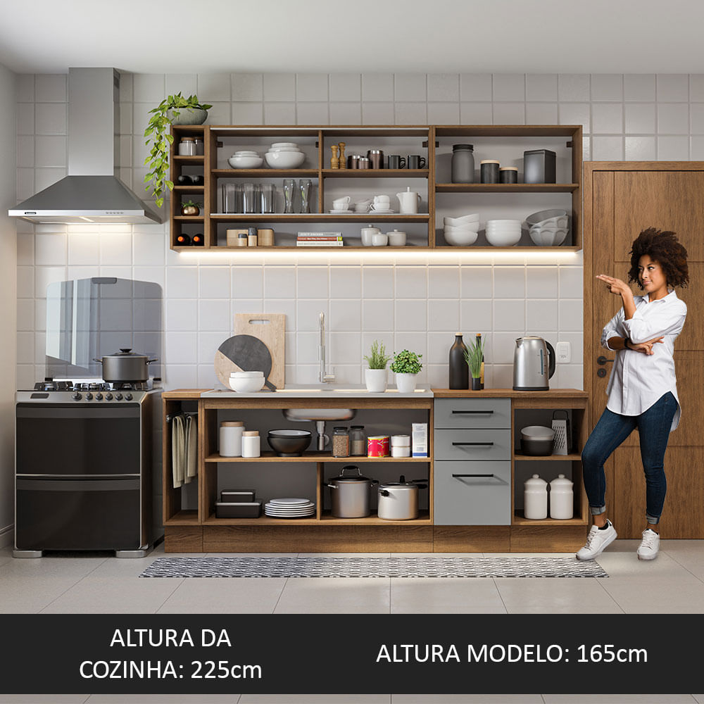 Armário de Cozinha Completa 220cm Rustic/Cinza Agata da Thêmis Madesa