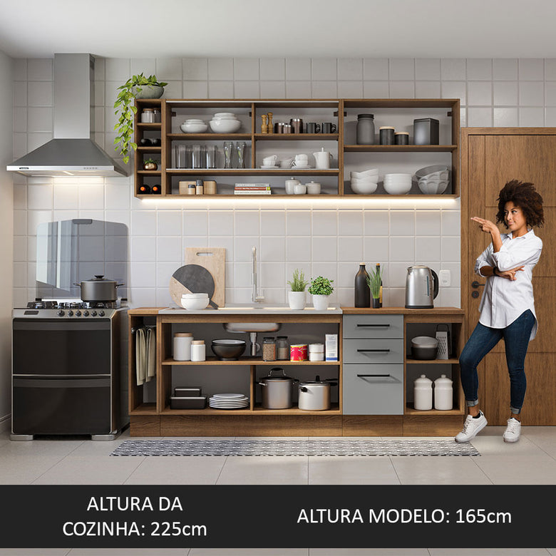 Armário de Cozinha Completa 220cm Rustic/Cinza Agata da Thêmis Madesa