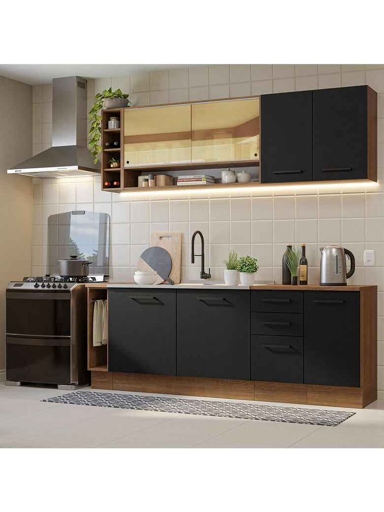 Armário de Cozinha Completa 220cm Rustic/Preto Agata da Thêmis Madesa