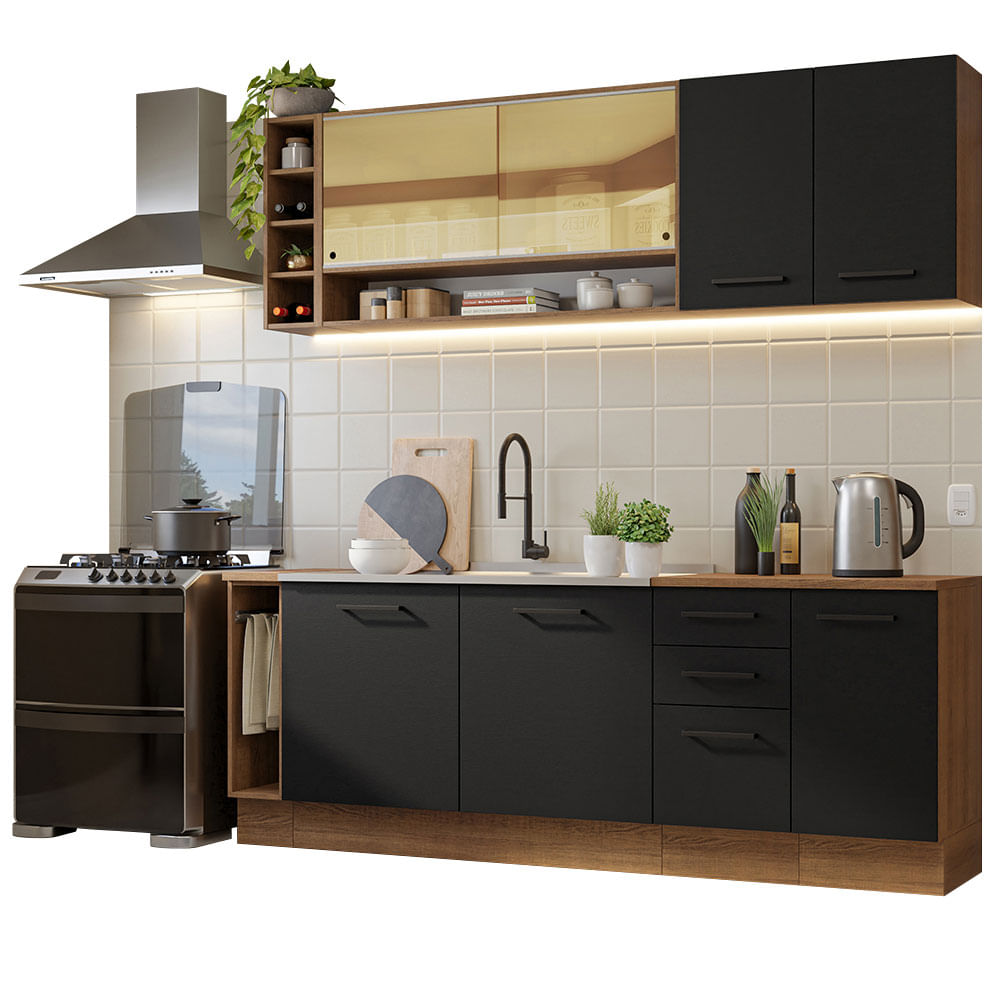 Armário de Cozinha Completa 220cm Rustic/Preto Agata da Thêmis Madesa - Rustic/Preto