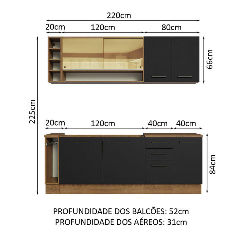 Armário de Cozinha Completa 220cm Rustic/Preto Agata da Thêmis Madesa