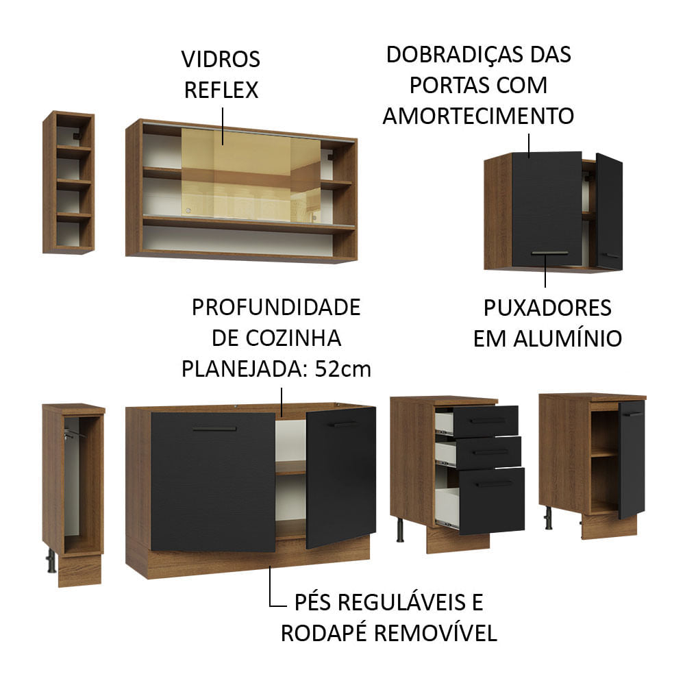 Armário de Cozinha Completa 220cm Rustic/Preto Agata da Thêmis Madesa