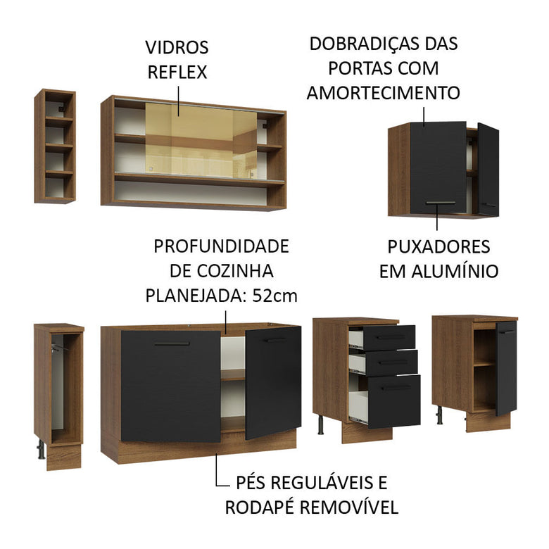 Armário de Cozinha Completa 220cm Rustic/Preto Agata da Thêmis Madesa