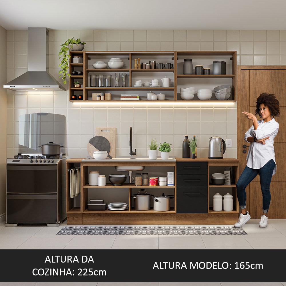 Armário de Cozinha Completa 220cm Rustic/Preto Agata da Thêmis Madesa