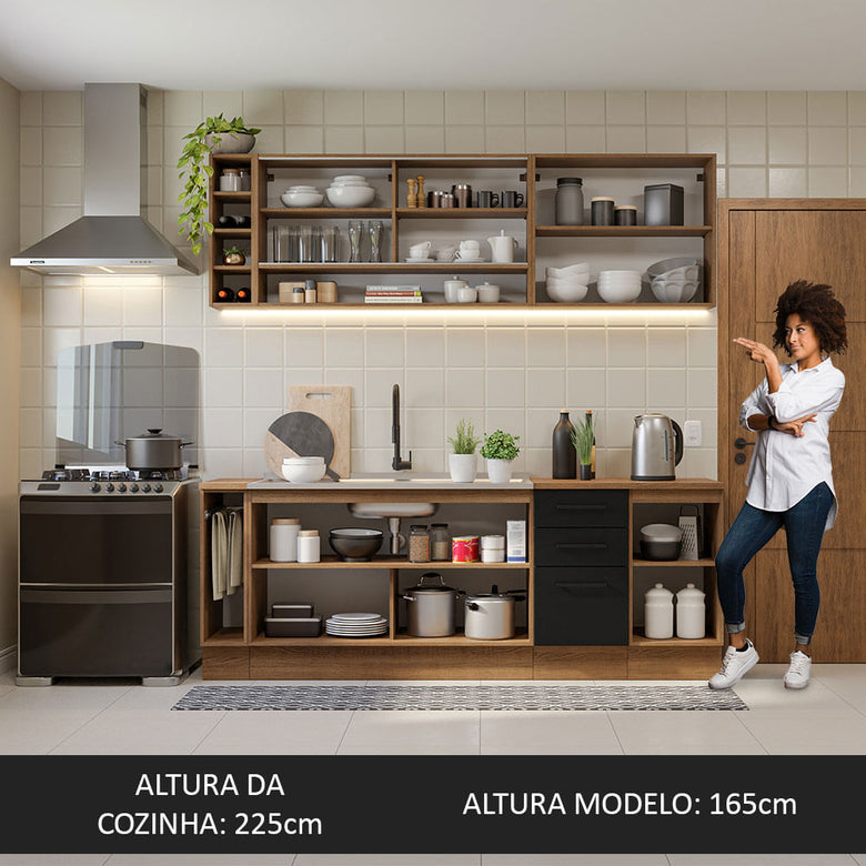Armário de Cozinha Completa 220cm Rustic/Preto Agata da Thêmis Madesa
