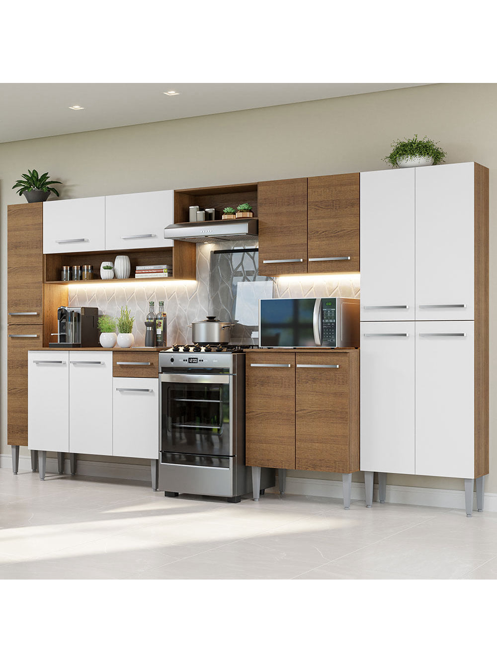 Armário de Cozinha Completa 325cm Rustic/Branco Emilly Madesa 02 - Rustic/Branco