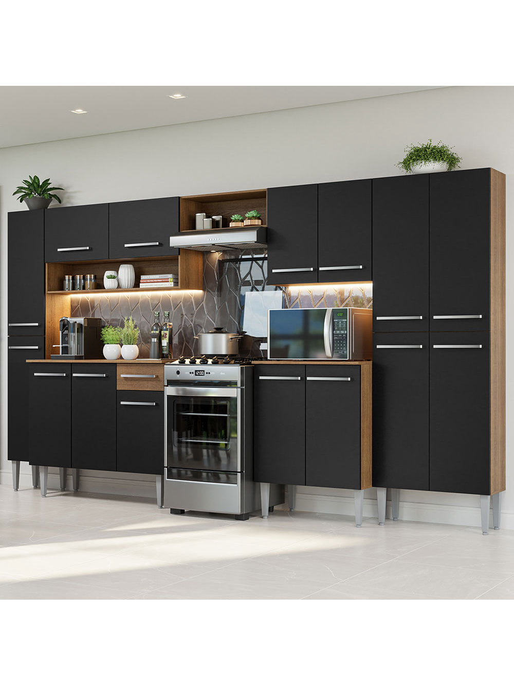 Armário de Cozinha Completa 325cm Rustic/Preto Emilly Madesa 02 - Rustic/Preto
