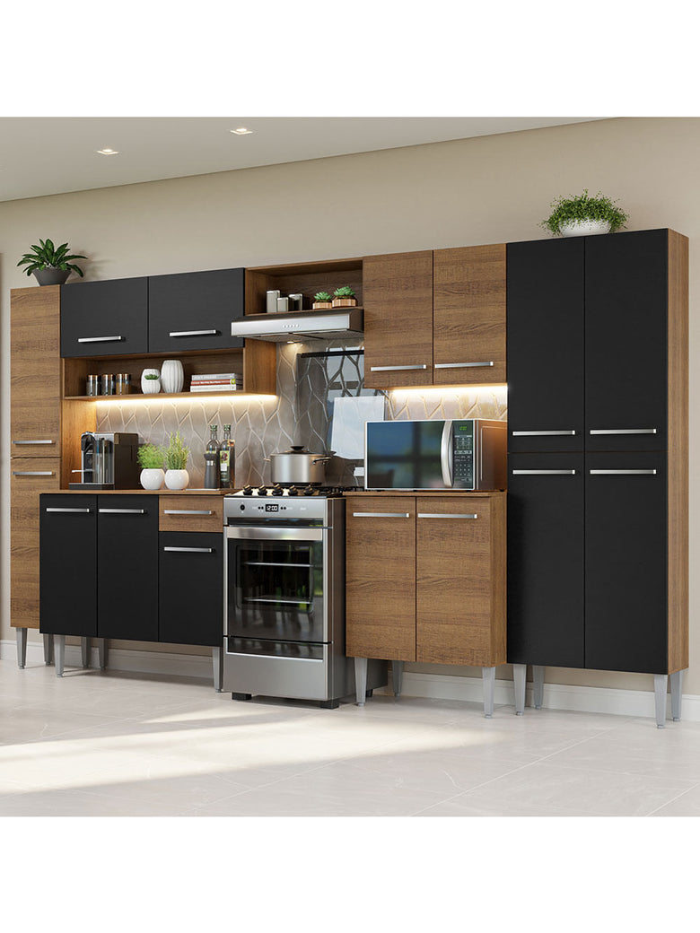 Armário de Cozinha Completa 325cm Rustic/Preto/Rustic Emilly Madesa 02