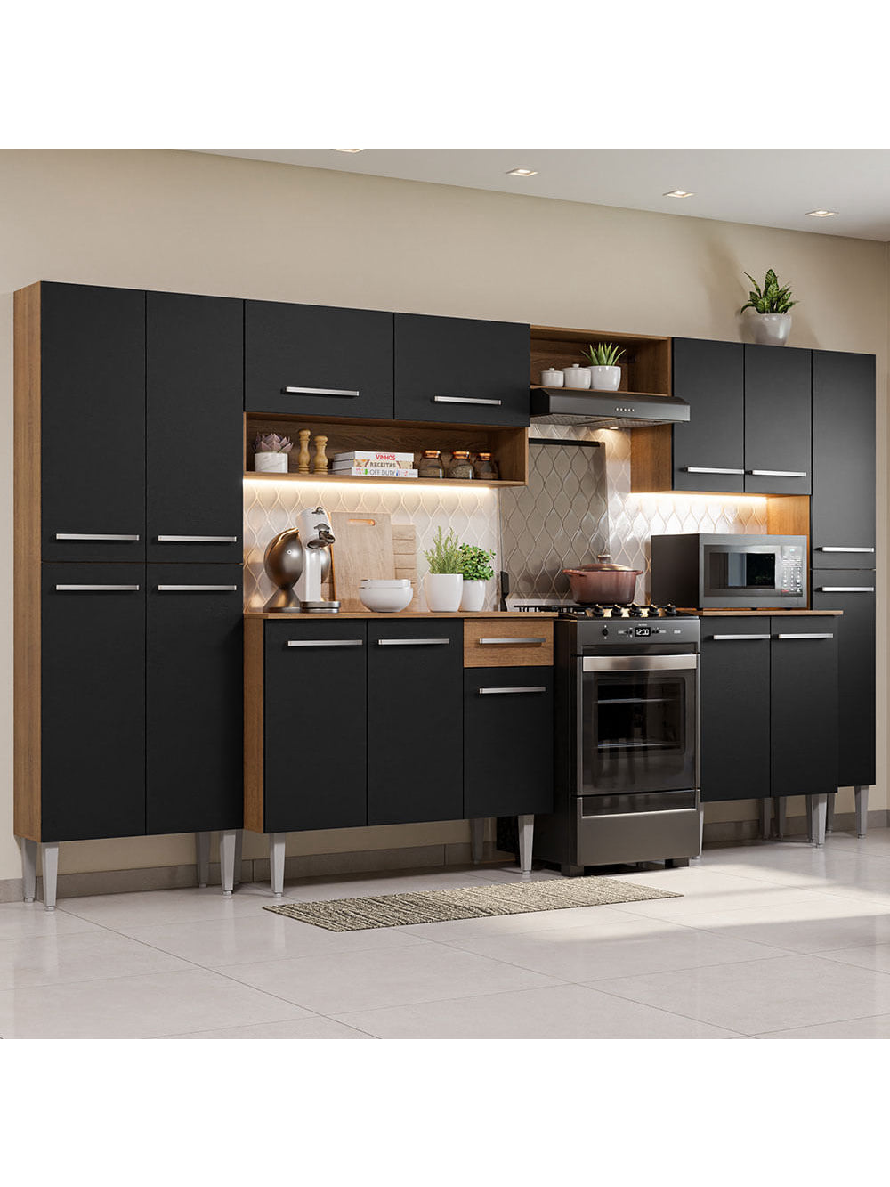 Armário de Cozinha Completa 325cm Preto/Rustic Emilly Joy Madesa - Preto/Rustic