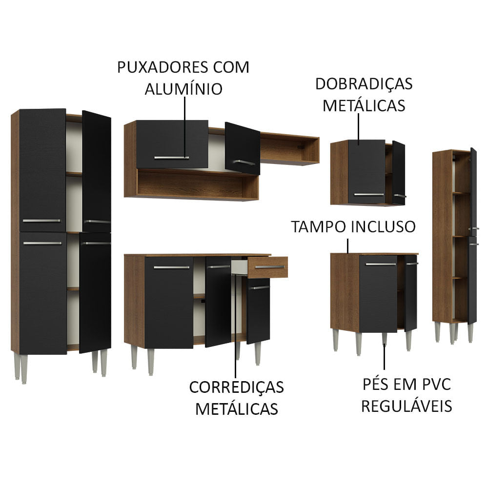 Armário de Cozinha Completa 325cm Preto/Rustic Emilly Joy Madesa
