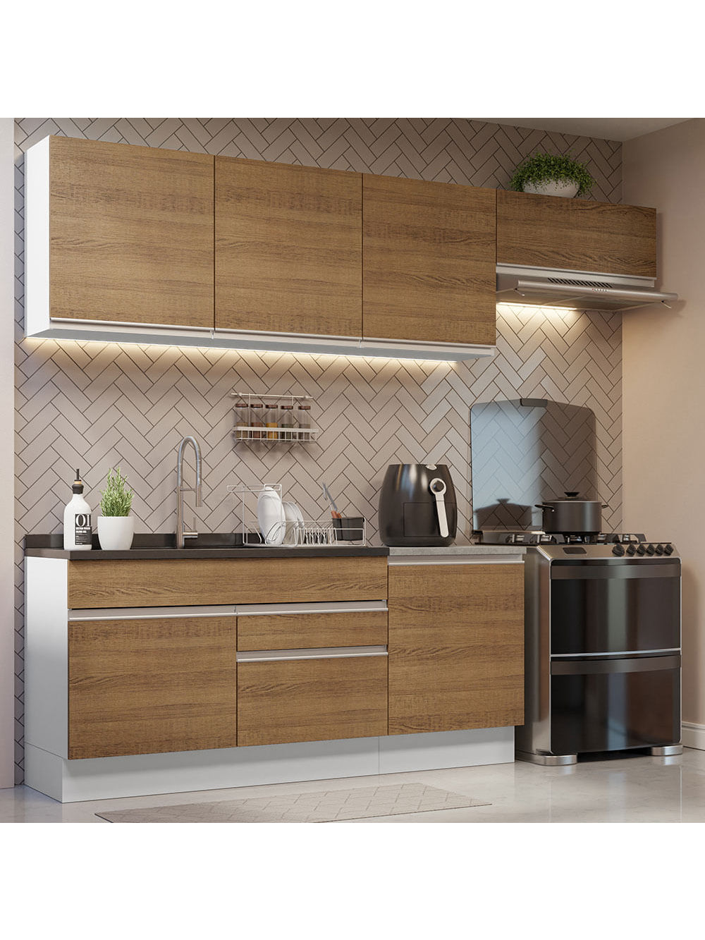 Armário de Cozinha Completa 260cm Branco/Rustic Glamy Madesa 03 - Branco/Rustic