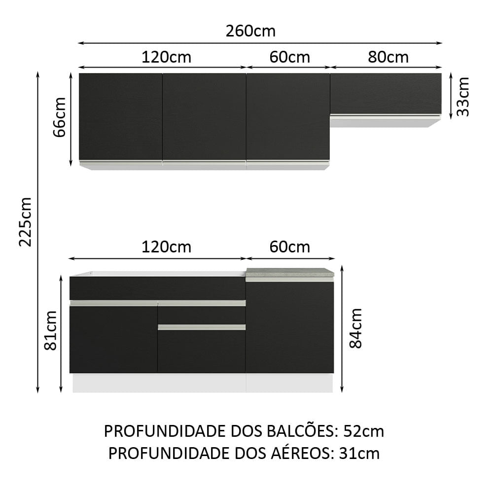 Armário de Cozinha Completa 260cm Branco/Preto Glamy Madesa 03