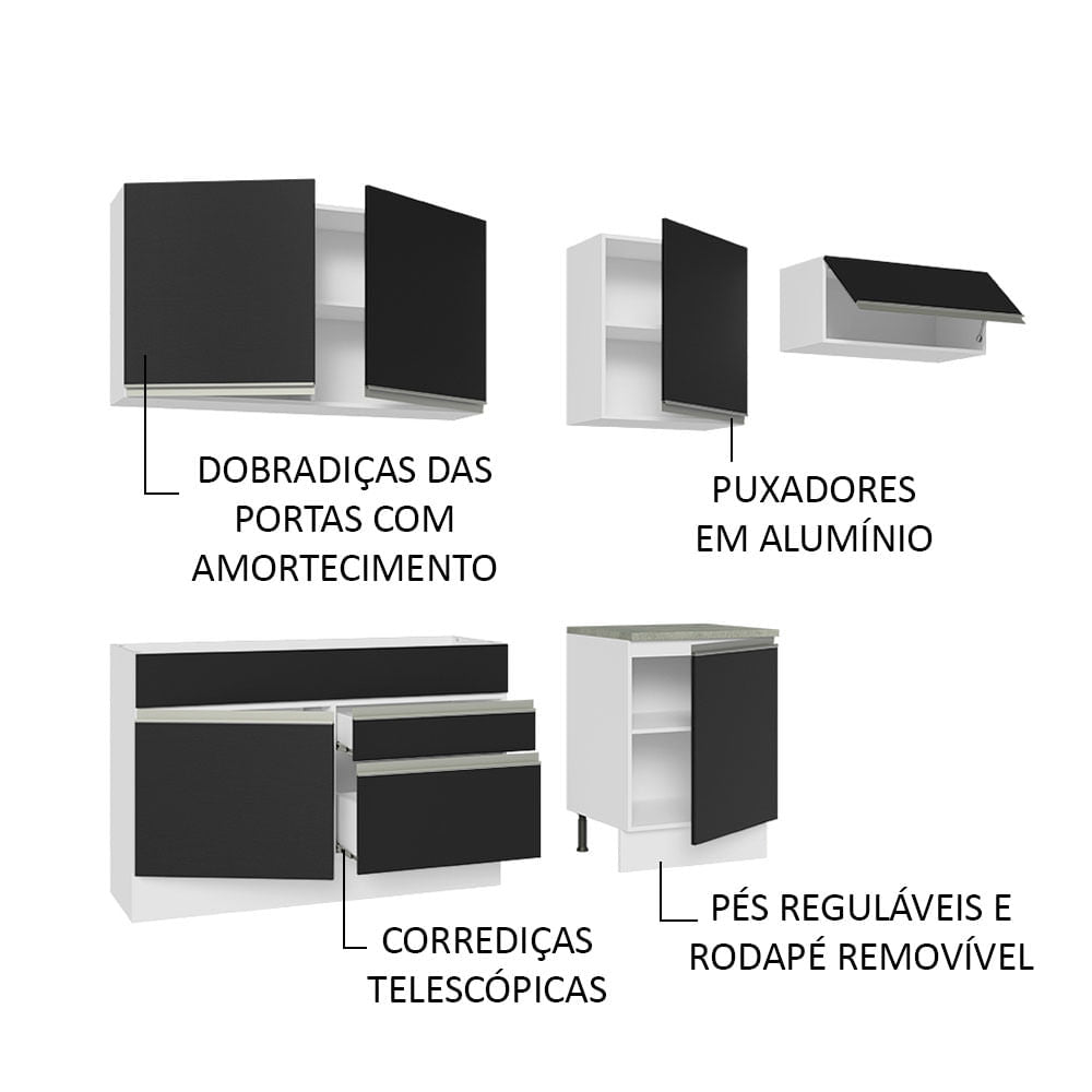 Armário de Cozinha Completa 260cm Branco/Preto Glamy Madesa 03