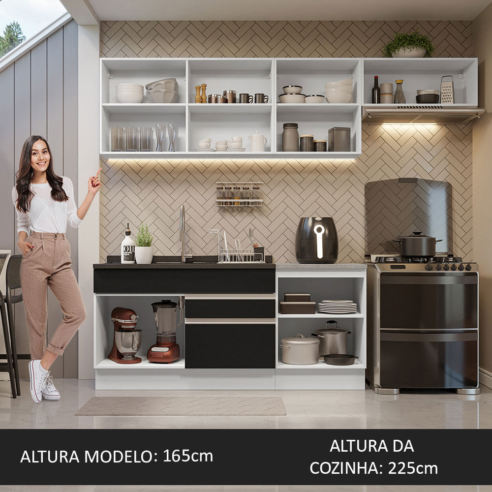Armário de Cozinha Completa 260cm Branco/Preto Glamy Madesa 03