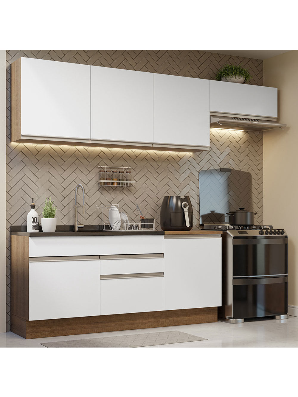 Armário de Cozinha Completa 260cm Rustic/Branco Glamy Madesa 03 - Rustic/Branco