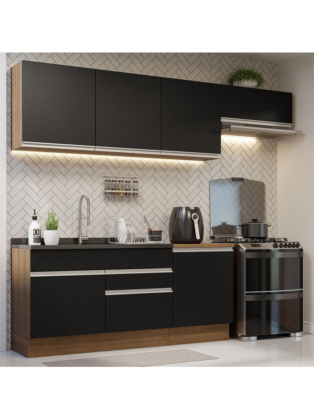 Armário de Cozinha Completa 260cm Rustic/Preto Glamy Madesa 03 - Rustic/Preto