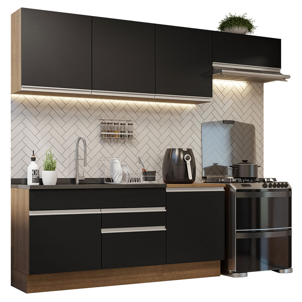 Armário de Cozinha Completa 260cm Rustic/Preto Glamy Madesa 03 - Rustic/Preto