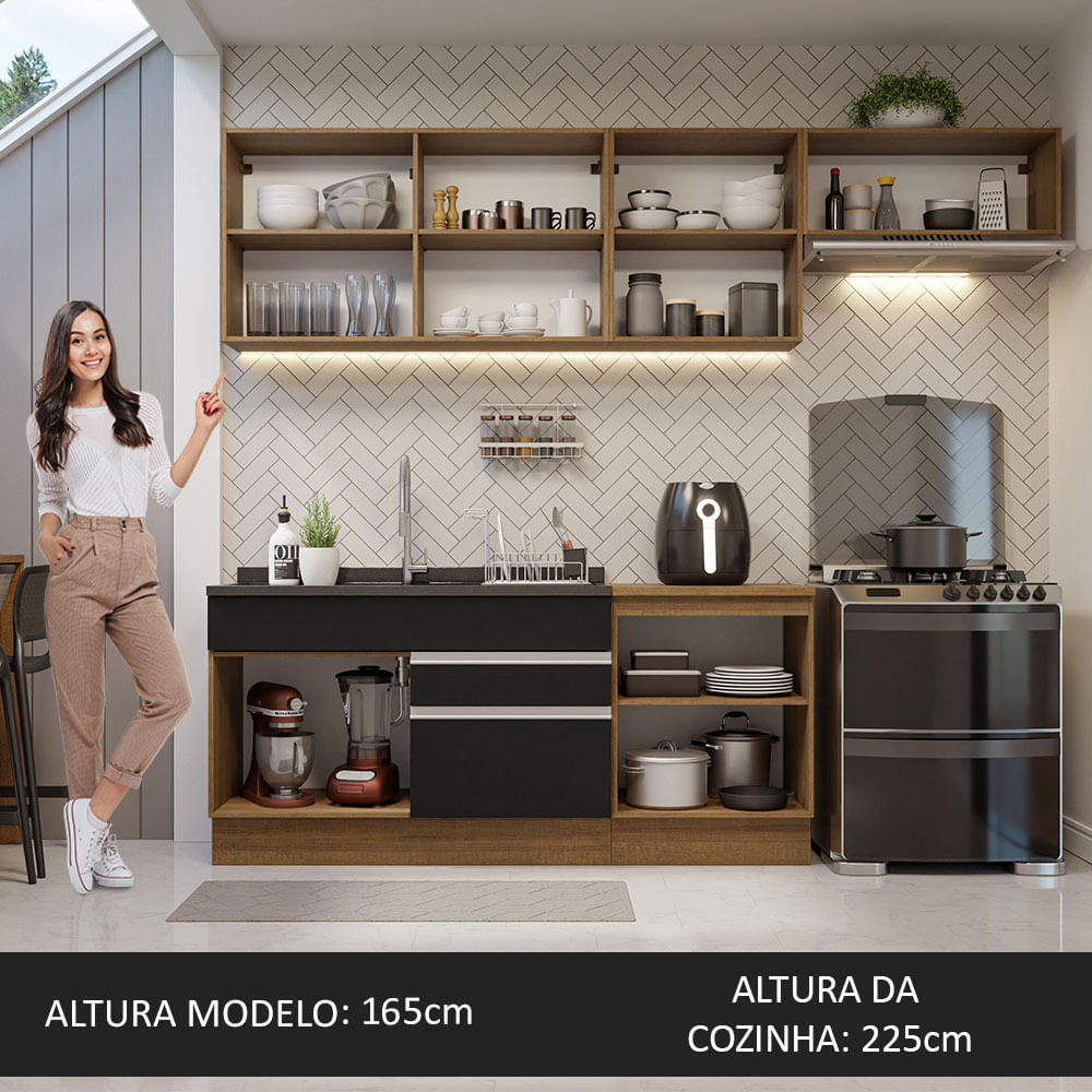 Armário de Cozinha Completa 260cm Rustic/Preto Glamy Madesa 03