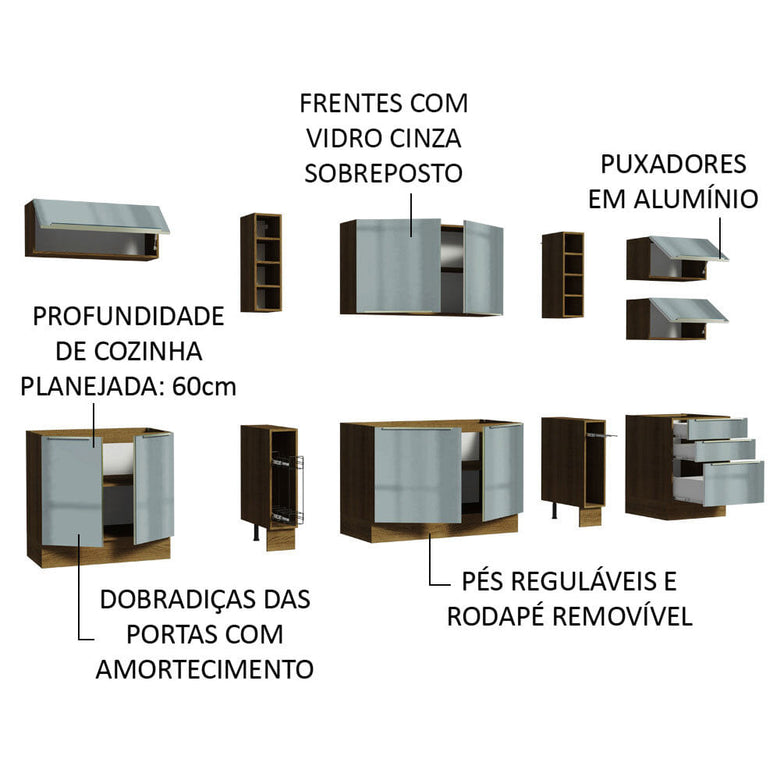 Armário de Cozinha Completa 300cm Rustic/Cinza Lux da Sabrina Madesa