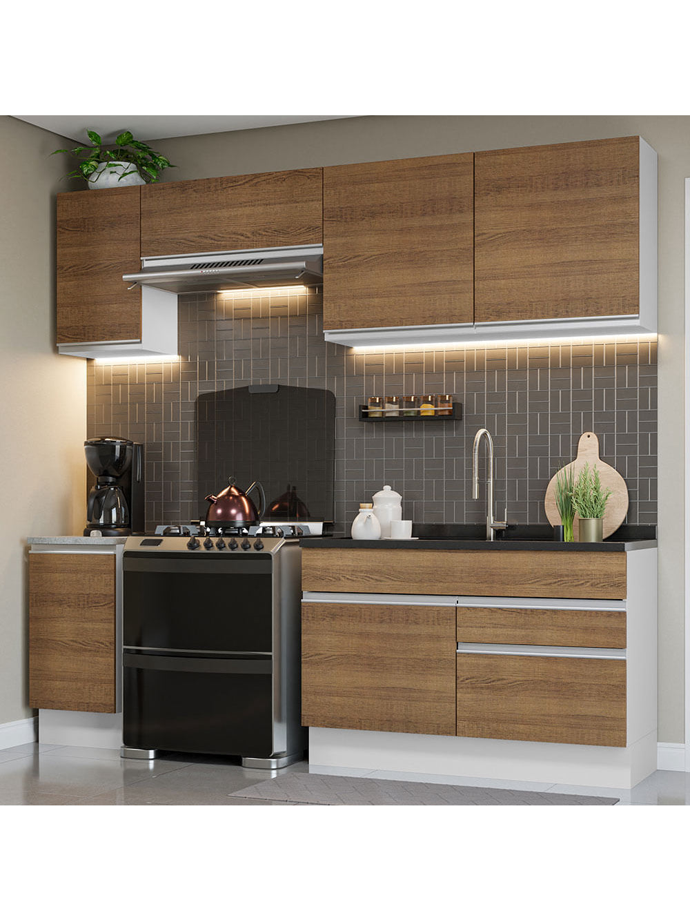 Armário de Cozinha Completa 240cm Branco/Rustic Glamy Madesa 07 - Branco/Rustic