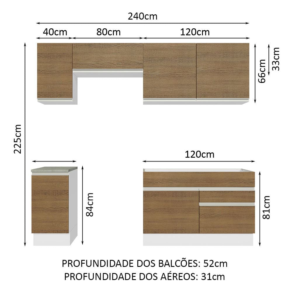 Armário de Cozinha Completa 240cm Branco/Rustic Glamy Madesa 07
