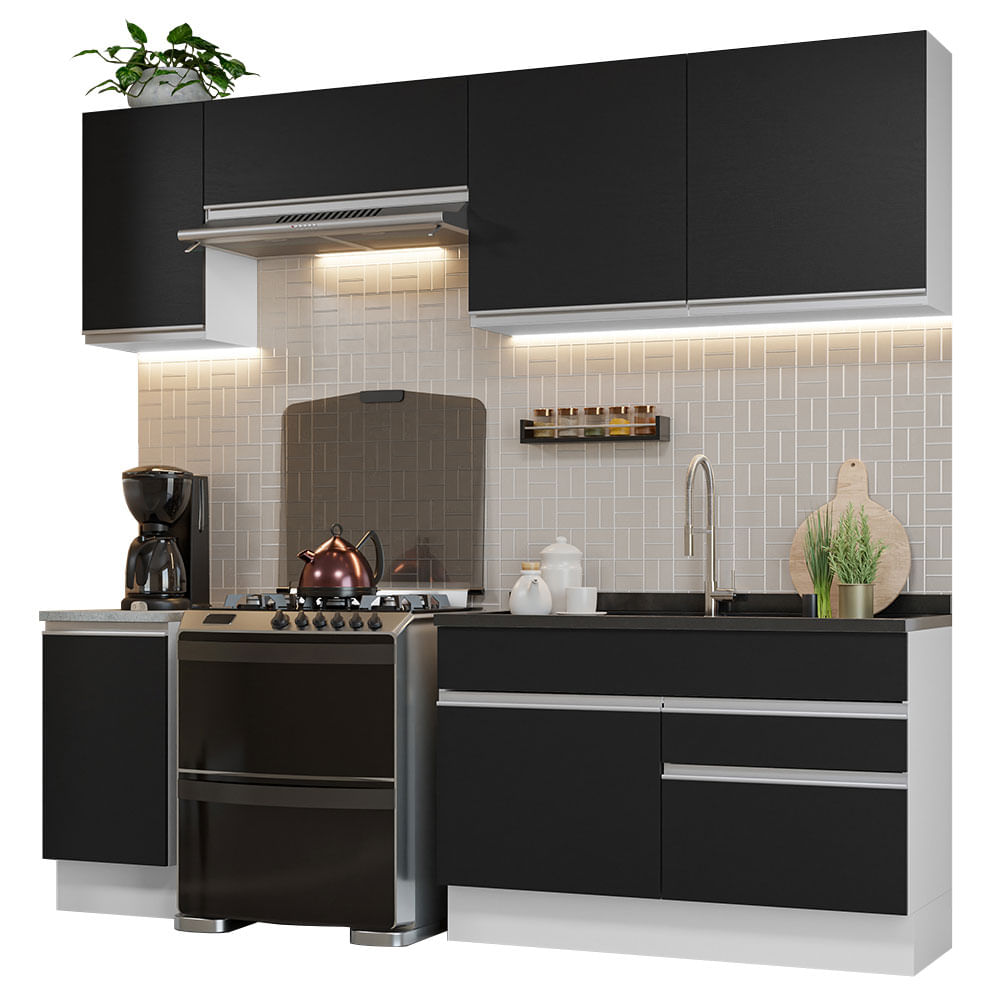 Armário de Cozinha Completa 240cm Branco/Preto Glamy Madesa 07 - Branco/Preto