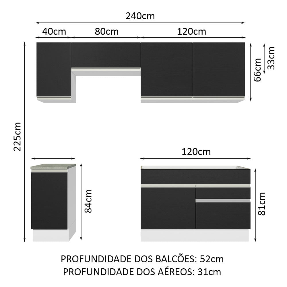 Armário de Cozinha Completa 240cm Branco/Preto Glamy Madesa 07
