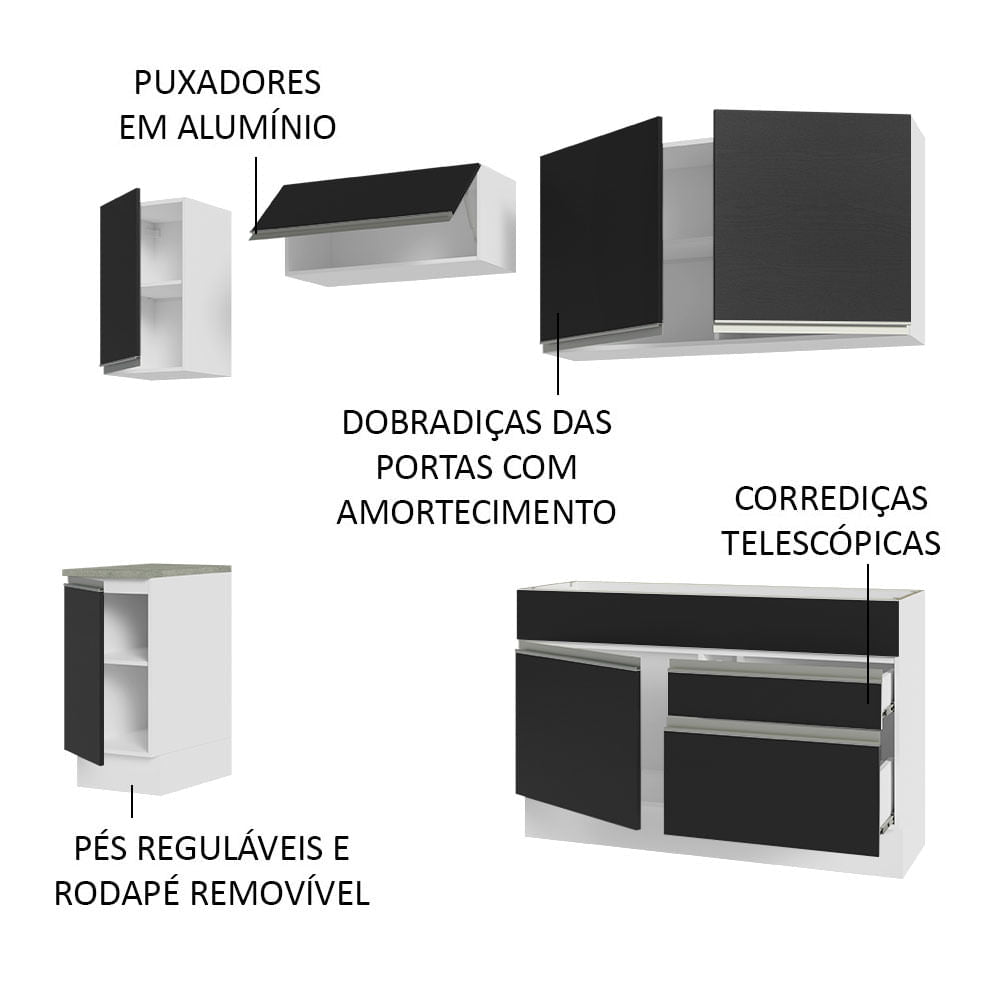 Armário de Cozinha Completa 240cm Branco/Preto Glamy Madesa 07