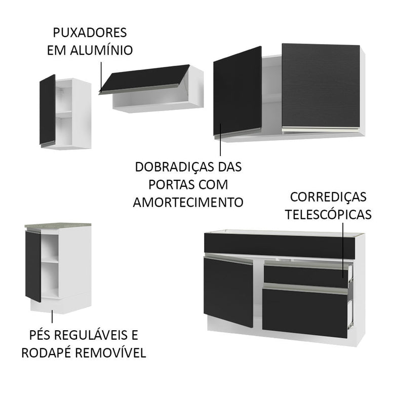 Armário de Cozinha Completa 240cm Branco/Preto Glamy Madesa 07