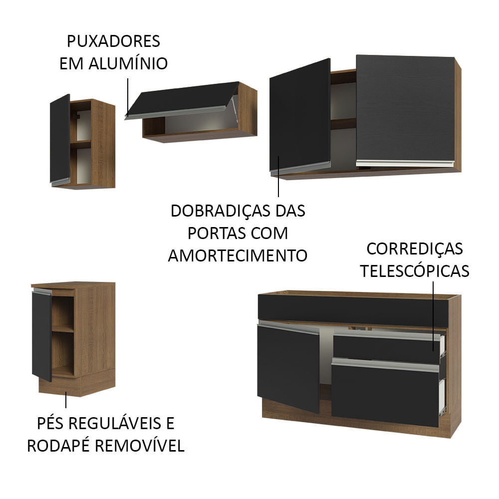 Armário de Cozinha Completa 240cm Rustic/Preto Glamy Madesa 07