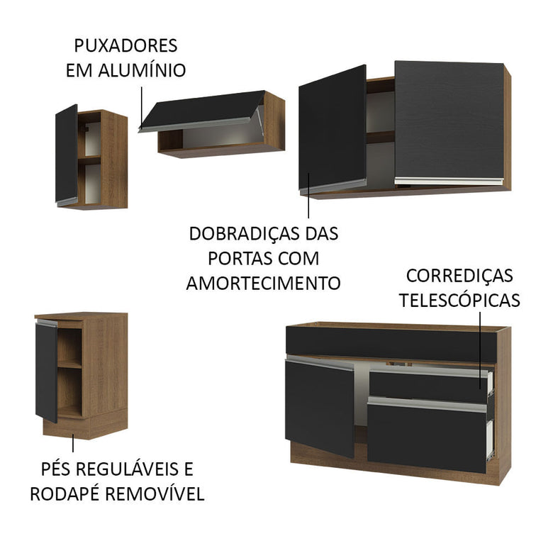 Armário de Cozinha Completa 240cm Rustic/Preto Glamy Madesa 07