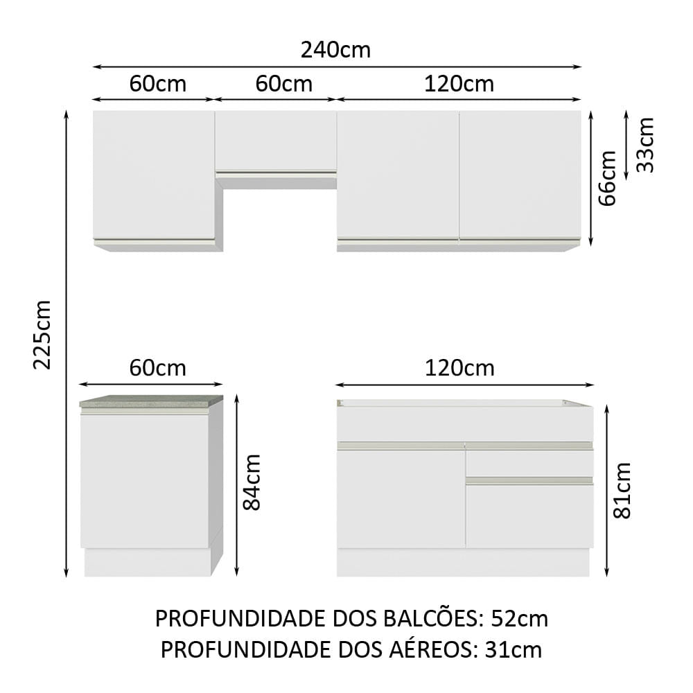 Armário de Cozinha Completa 240cm Branco Glamy Madesa 08
