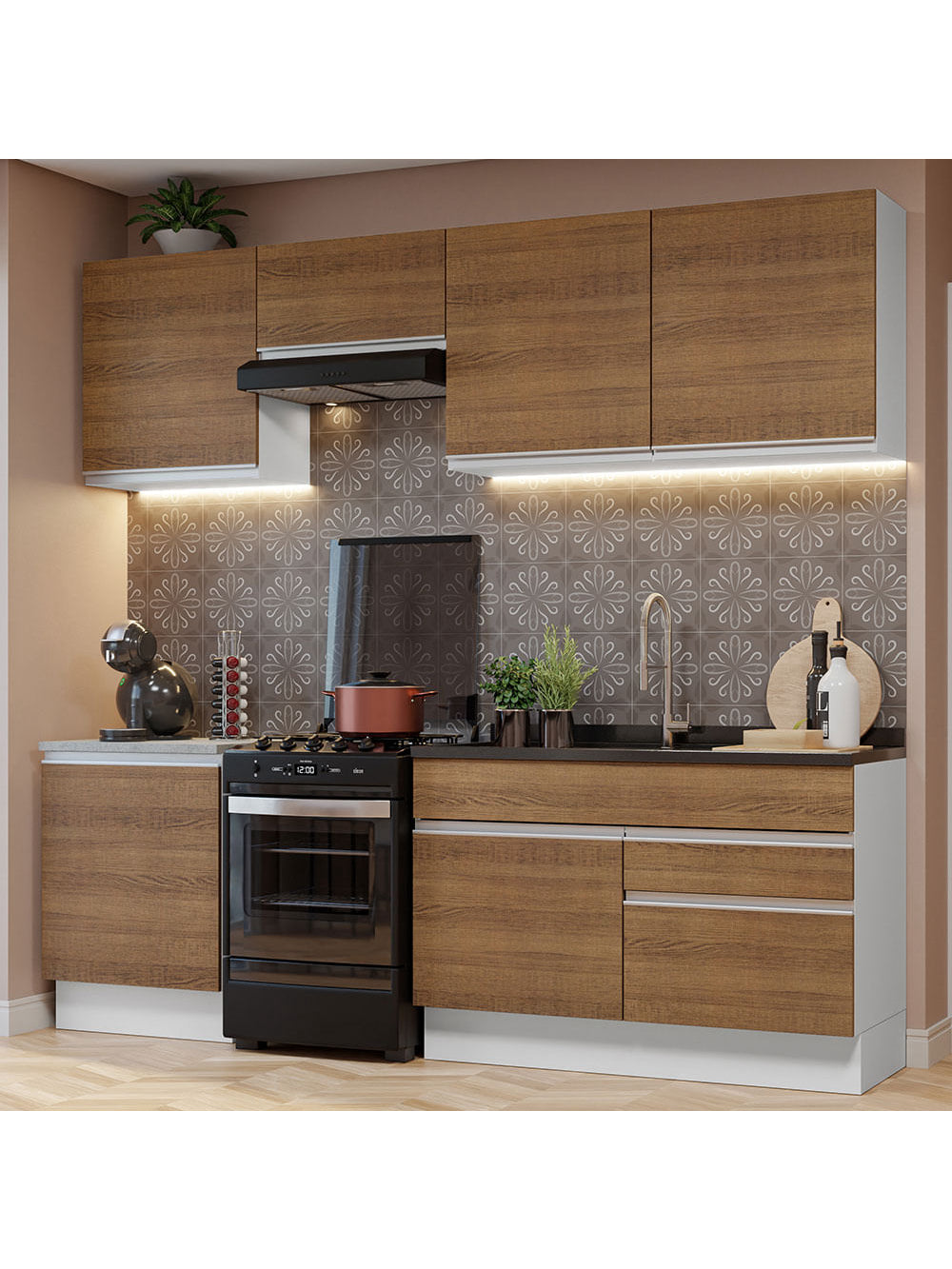 Armário de Cozinha Completa 240cm Branco/Rustic Glamy Madesa 08 - Branco/Rustic