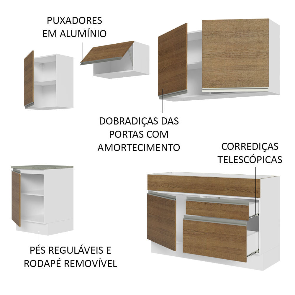 Armário de Cozinha Completa 240cm Branco/Rustic Glamy Madesa 08